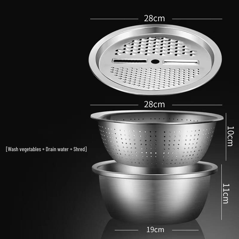 Three-Piece Stainless Steel Grater, Colander, and Vegetable Washing Bowl Set for Multi-functional Kitchen Use