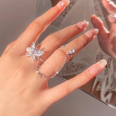 1pc Chic Linked Ring Sparkling Butterfly Design Inlaid Shining Stone Match Daily Outfits Party Accessory Adjustable Jewelry