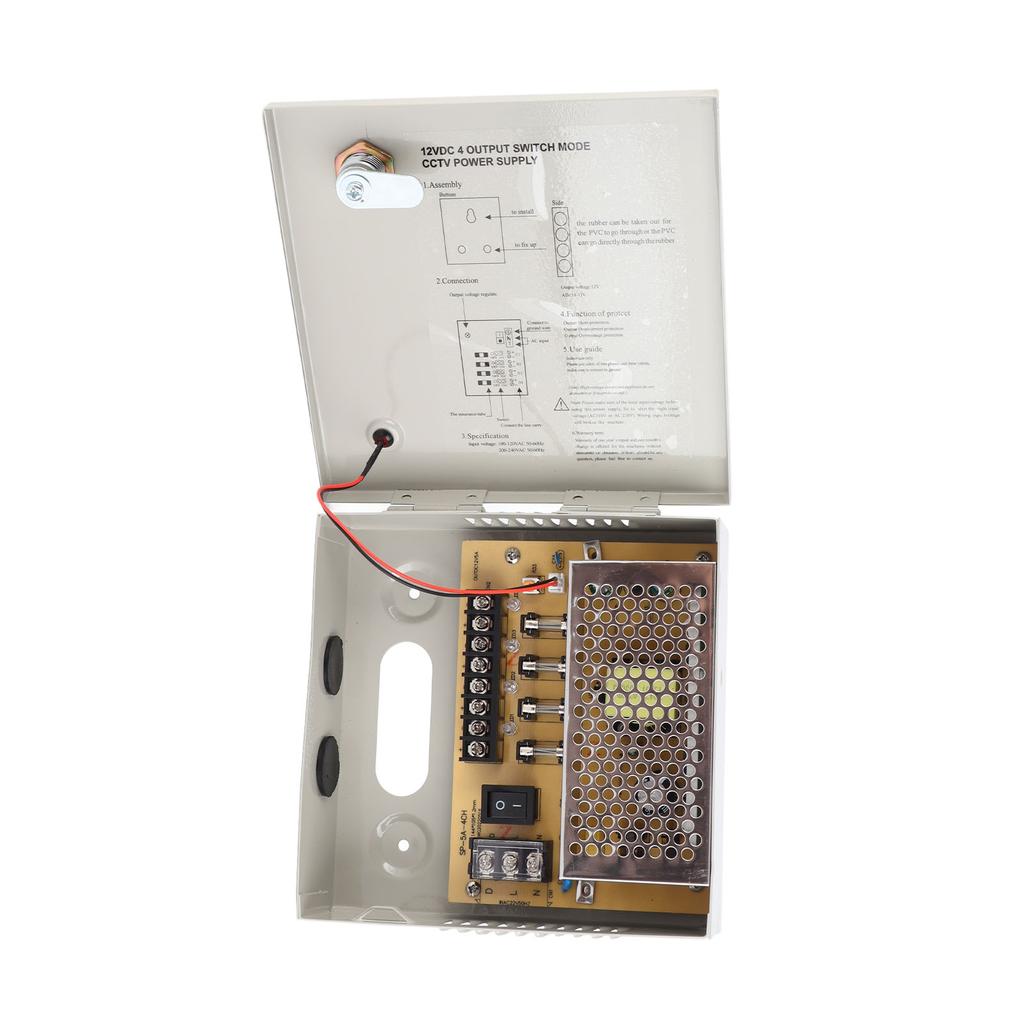 CCTV napájecí box, rozvodná krabice, 12V, 4 kanály, pojistka 5A, 110V/220V s kovovým krytem