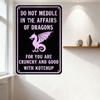 Funny Dragon Metal Tin Sign Black Rectangular with White Border Rounded Corners Pink Dragon Illustration DO NOT MEDDLE In Affair