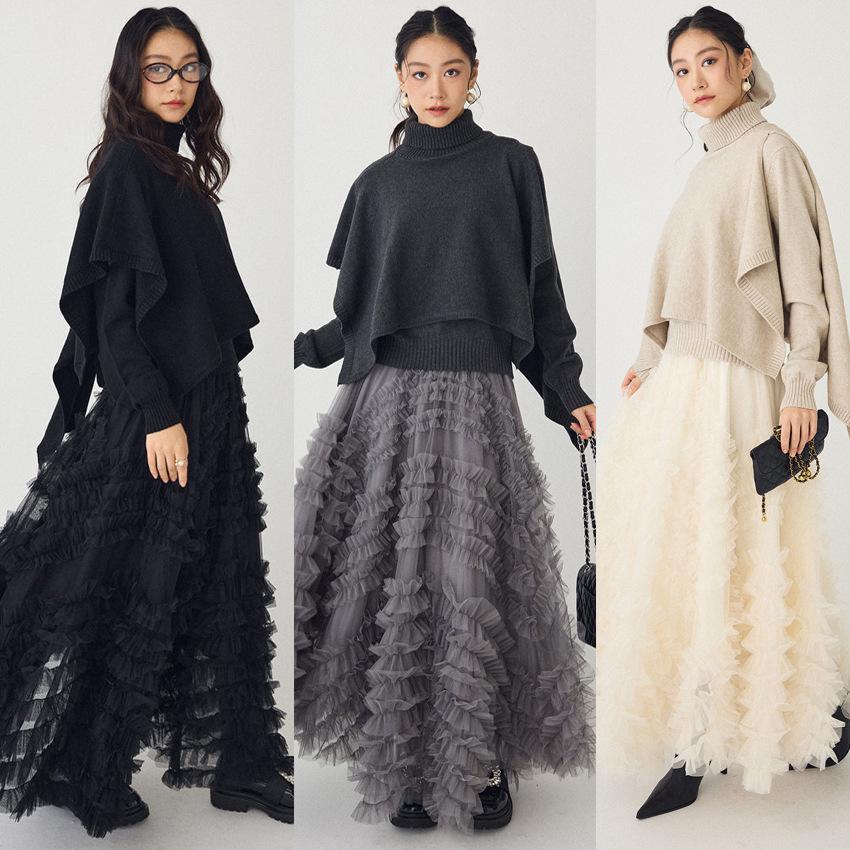 Elegant A-line Ruffle Lace Maxi Skirt - Versatile Puffy Long Hem Design