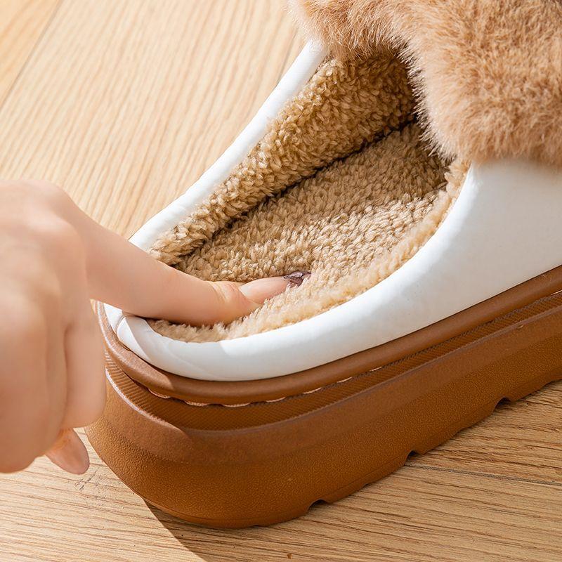 New bow pompon thick furry slippers women's winter waterproof leatherette shoes home plush slipper ladies platform slides shoes