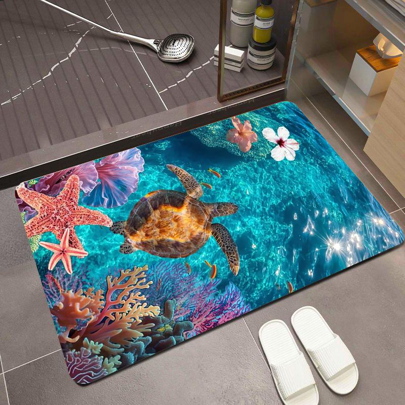 Seashell  Seahorse Bath Mat Ocean Theme Non-Slip Diatomite Floor Rug Quick Dry Anti-Skid Bathroom Door Mat