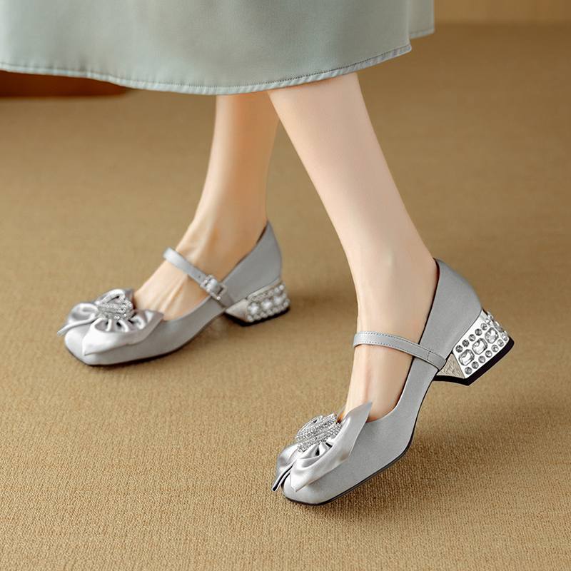 Krazing Pot Sheepskin Stain Summer Size 40 Crystal Med Heels Butterfly-knot Oriental Design Square Toe Elegant Wedding Pumps