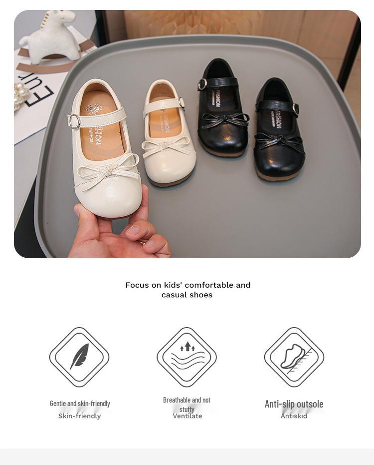 Girls' Bow Princess Shoes - 2026 Spring/Autumn Korean Style, Cute Leather with Magic Strap
