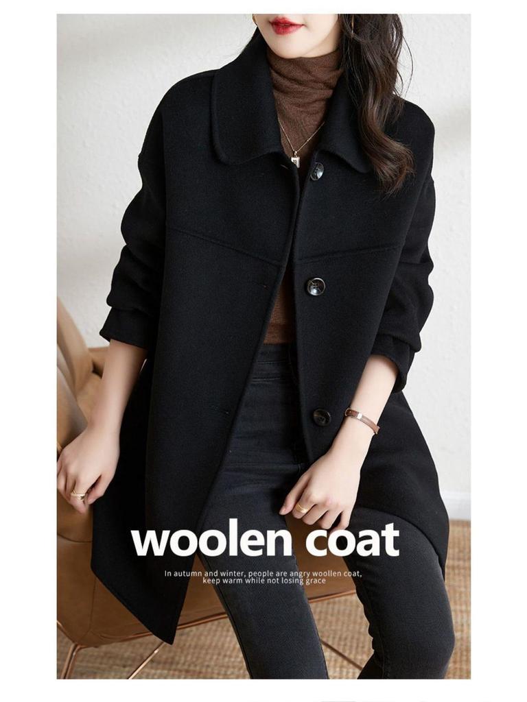 2025 Women's Plus Size Wool Blend Mid-Length Coat with Peter Pan Collar - Korean Fashion for Autumn/Winter
