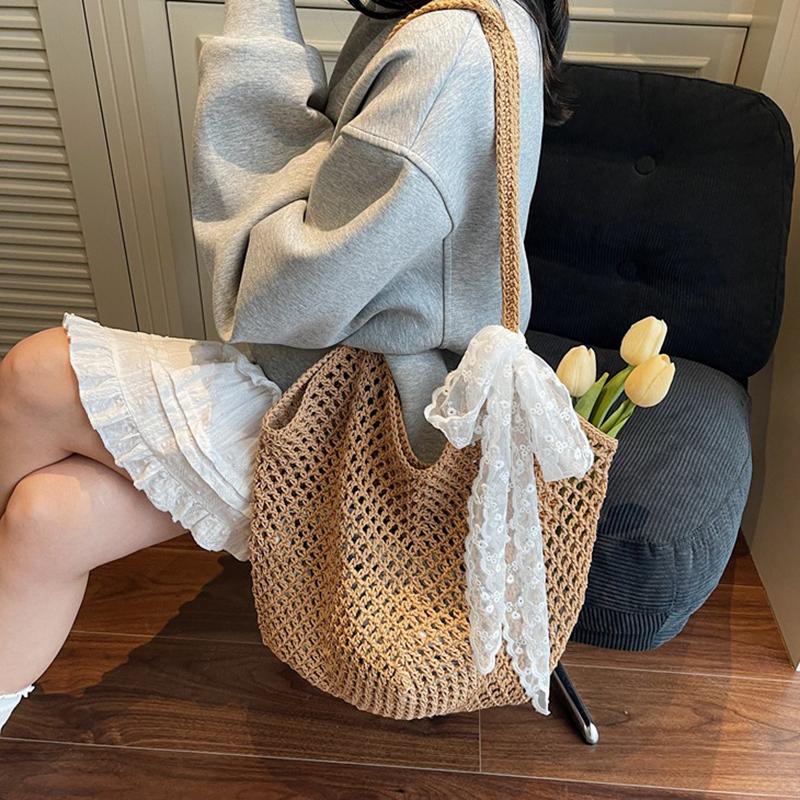 Yogodlns Women Crochet Tote Bag Fashion Knitted Large Capacity Woven Shoulder Bags Solid Color Simple Shopping Bag for Summer Beach