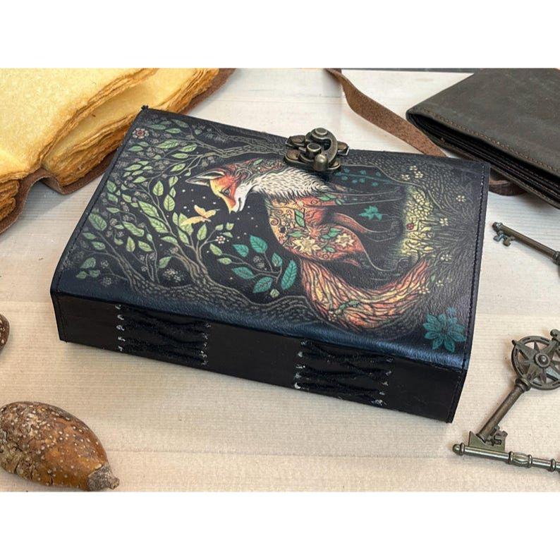 Fox Print Leather Journal With Deckle Edge Paper Handmade Leather Journal Book of Shadows Perfect for Blank Spell Books Gift For Her Him