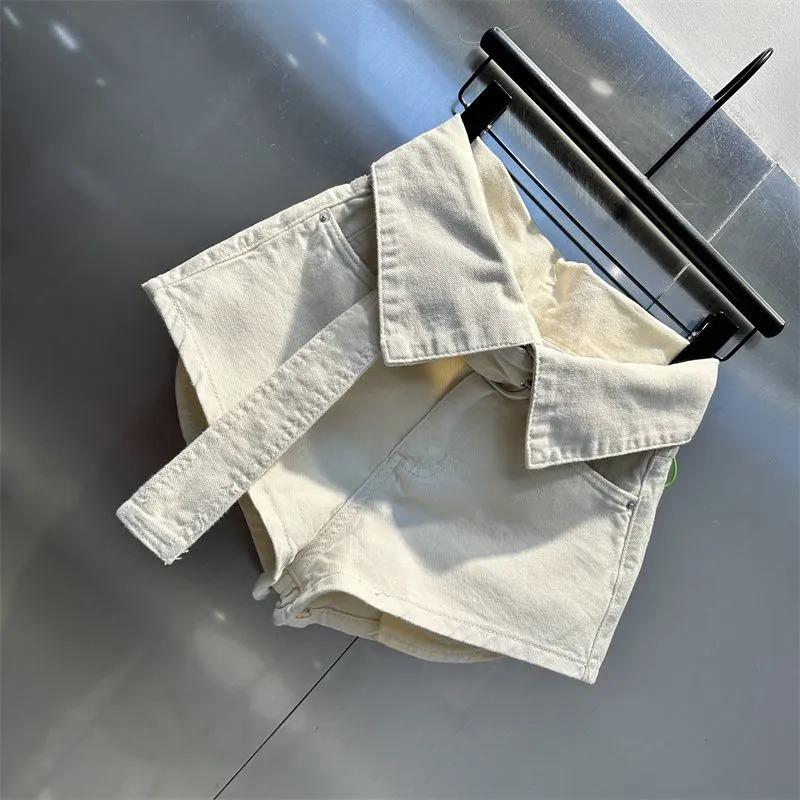 Women's Beige High Waisted Denim Shorts Oversized Collar Tie Waist Casual Hot Pants