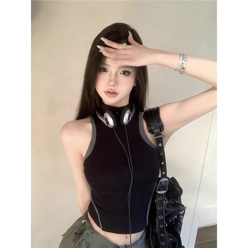 

Модный жилет I-силуэта в стиле отходов, земли, для женщин, летний, для джазовых танцев, K-pop топы, женская командная одежда для музыкального фестиваля Black/without chest pad One size