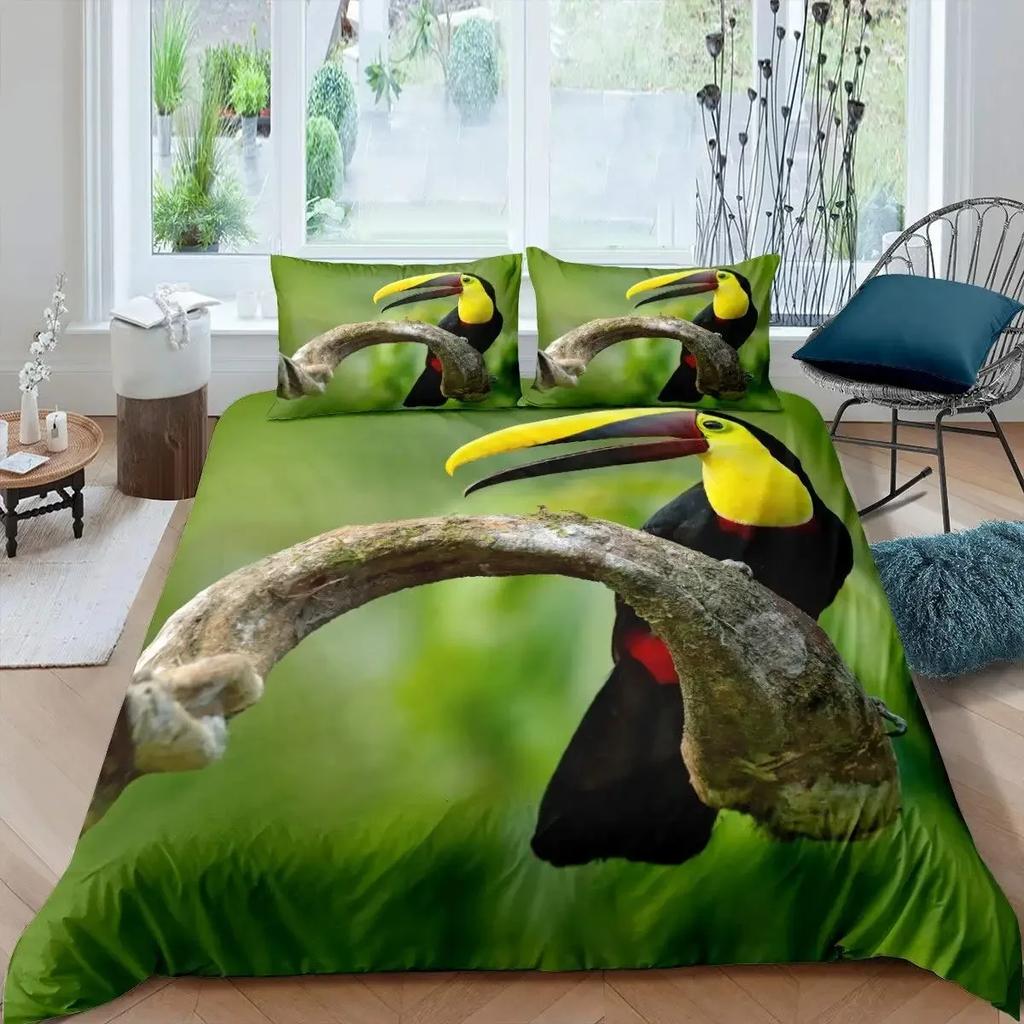 3D Toucan Duvet Cover Set Safari Animals Bedding Sets Tropical Jungle Birds Comforter Cover,Boys Girls Fresh Nature Quilt Cover