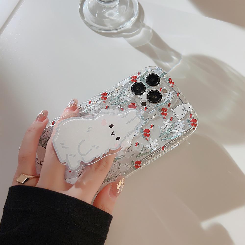 Korean-style floral rabbit design applicable iphone13Apple14Phone case11Cute girl15pro max Bracket16Transparent