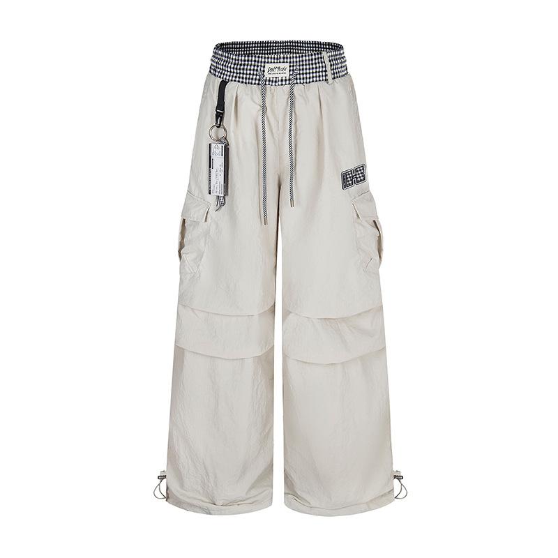 

Summer new elastic waist straight casual pants men s loose plaid splicing wide-leg floor pants S