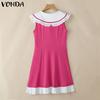 VONDA Summer Women Lace Hem Naval Collar Sleeveless Ruffled Casual Dress