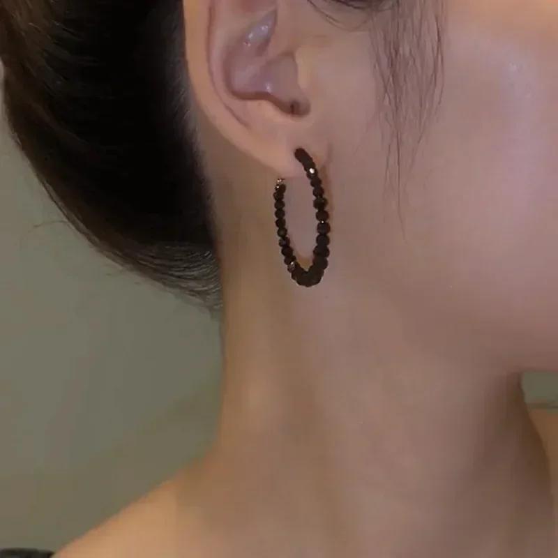 Light luxury C-shape Black Crystal Hoop Earrings Large Circle Geometric Earrings Women Elegant Jewelry Gifts