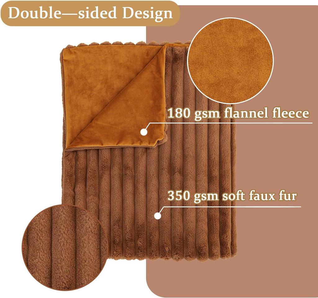 Ultra-Soft Faux Rabbit Fur Striped Throw Blanket - Double-Layered for Warmth, Ideal for Sofa or Bedroom.