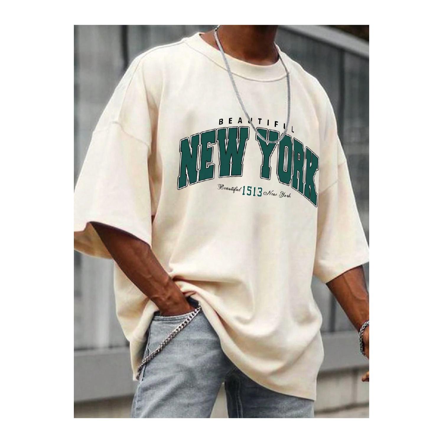 

Бежевая мужская футболка оверсайз с принтом Beautiful New York S