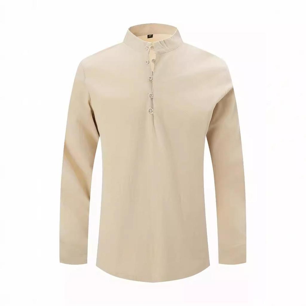Nova camisa masculina vintage de algodão linho cor sólida casual manga comprida gola alta henley camisa masculina