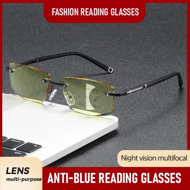Men Women Vintage Night Vision Presbyopia Fashion HD Progressive Reading Glasses Frameless Cut Far Sight Eyewear +1.0+1.5+4.0