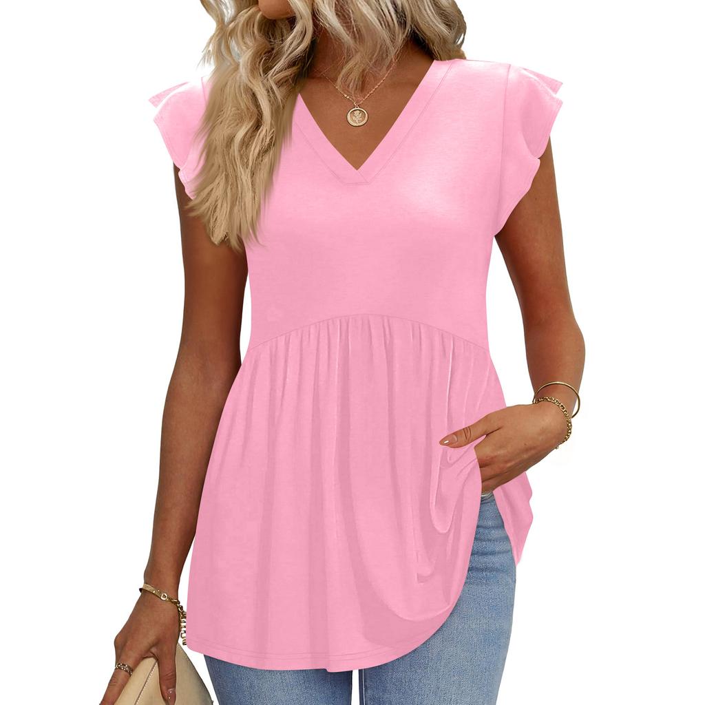 Womens Tops Fashionable V-neck Ruffled Sleeve Short-sleeved T-shirt Business Blouses