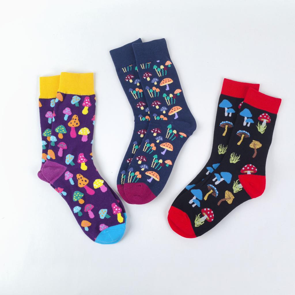 3 Pairs Colorful Mushroom World Fashion Personalized Men's and Women's Mid-Calf Socks