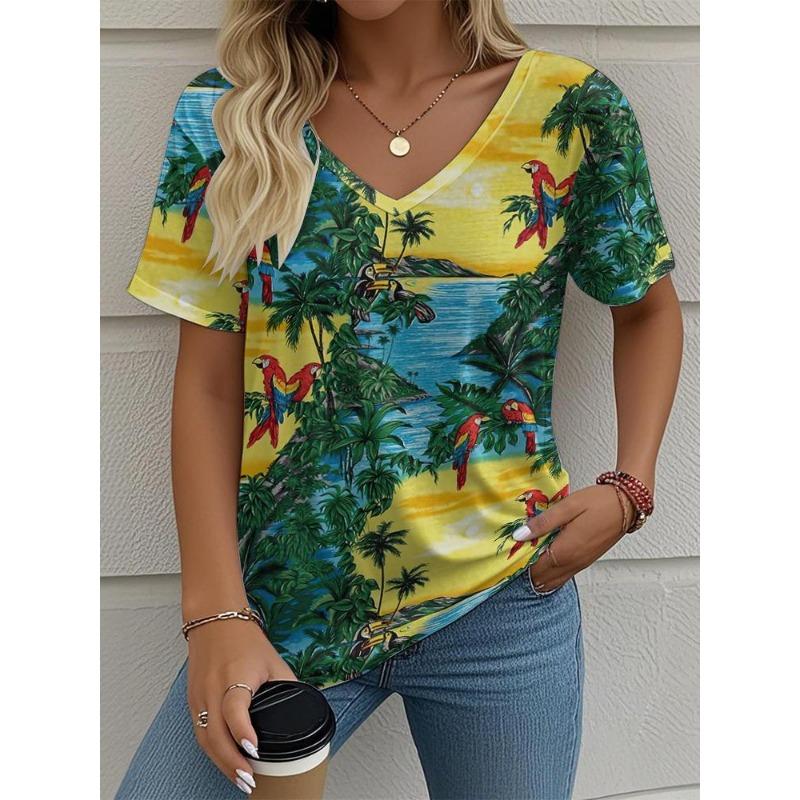 Women's T-Shirt Coconut Tree Pattern 3d Printing Fashion Casual V-Neck Short-Sleeved Beach Style Outdoor Women's Clothing