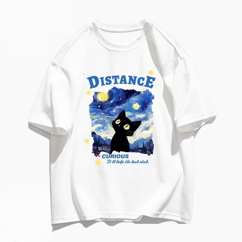 

Starry Sky Cat Oil Painting Cute Print Men and Women Same Casual Sleeve T-shirt Summer Street Loose Round Neck Half Sleeve S