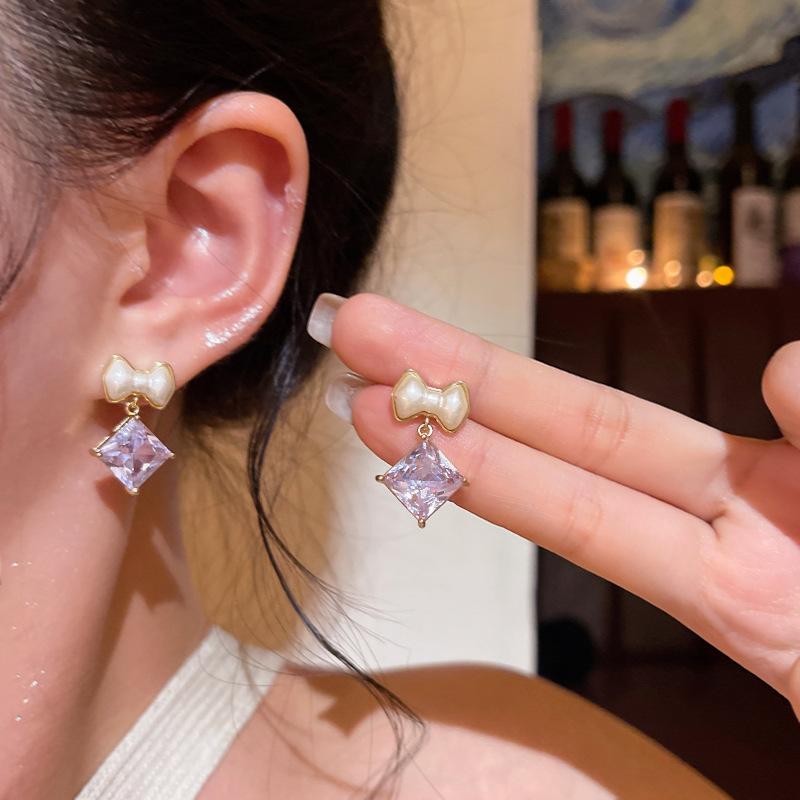 Korean Sweet Bow Earrings Women's Small Sugar Cube Zircon Pendant Earrings Ear Jewelry