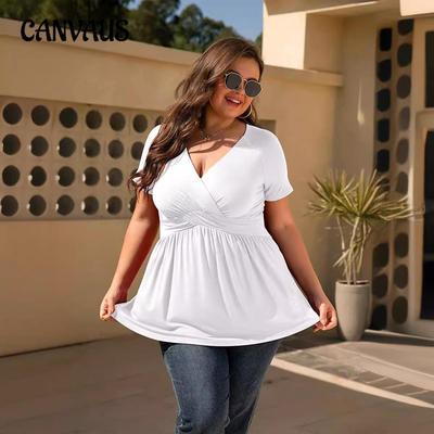 T-shirt d'été pour femmes, grande taille, col en v, manches courtes