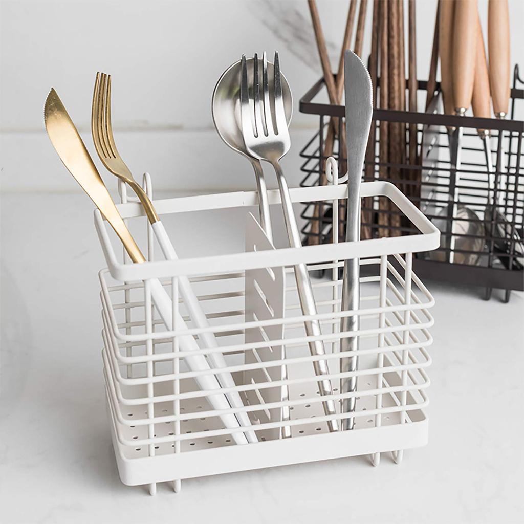 VANRA Essstäbchenhalter, Besteckständer, Abtropfgestell, hält Löffel und Gabeln, Edelstahl, 2 Fächer mit Haken (Weiß)