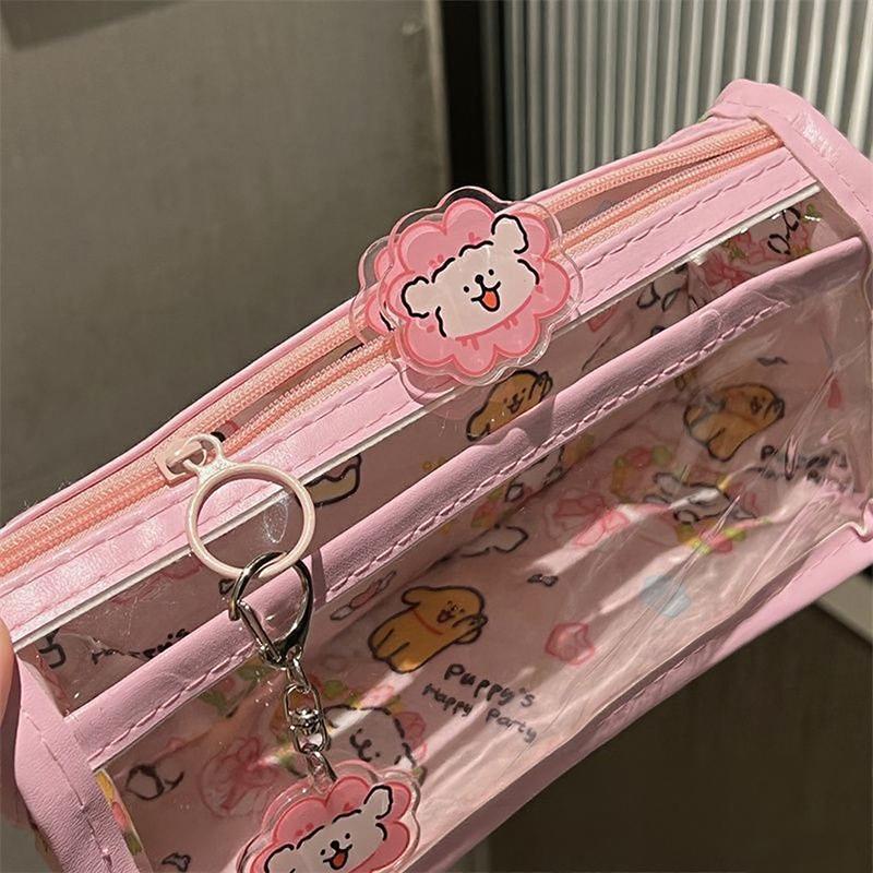 Swimming Line Puppy Double-layer Pencil Case Transparent Love Wind Double-layer Large-capacity Student Stationery Storage Pencil Case