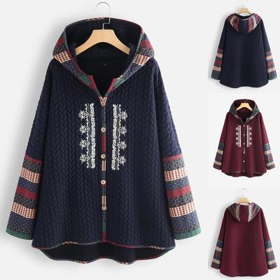 Women Fashion Retro Printing Splicing Button Hood Cardigan Long Sleeves Coat