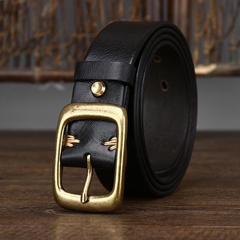 3.3CM Wide Vintage Washed Top Grain Leather Belt with Copper Buckle - Unisex, Korean Style Trend