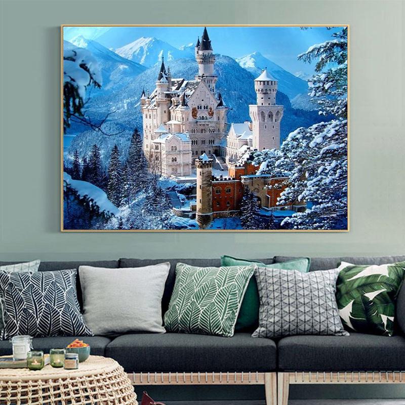 Huacan NEW Arrival 5D Full Round Diamond Painting Cross Stitch Snow Mountain & Castle Diamond Embroidery Diamond Mosaic