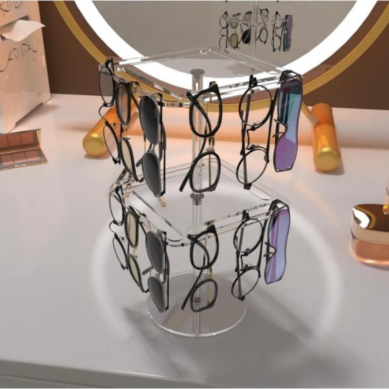 Acrylic Rotating Sunglasses and Glasses Display Stand - Double-layered Black,Transparent Desktop Eyeglass Storage Holder