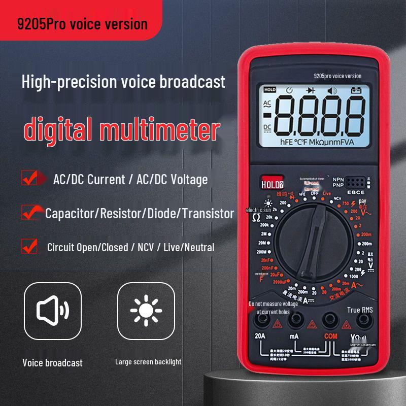 9205Pro+ High Precision Smart Multimeter with Voice Alerts for AC/DC Current, Voltage, and Capacitance Measurement