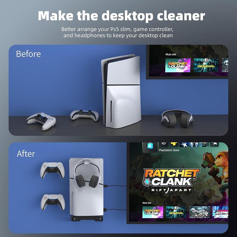 Wall Mount Stand Kit Steel Bracket for Playstation 5/PS5 Slim Console with Controller Hanger Hook Holder for PS5 Accessories