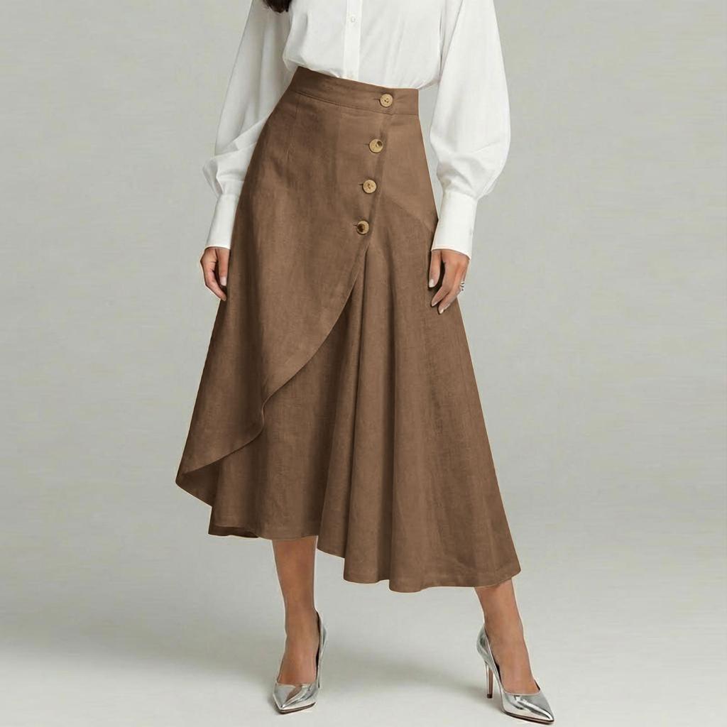 Women's Fashionable Cotton-Linen High-Waisted Button-Front Asymmetrical -Color Skirt