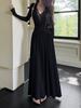 Lace Splicing Pure Desire Wind V-neck Long-sleeved Dress Women's Autumn Slim-fitting Waist Skirt Design Sense Big Swing Dress