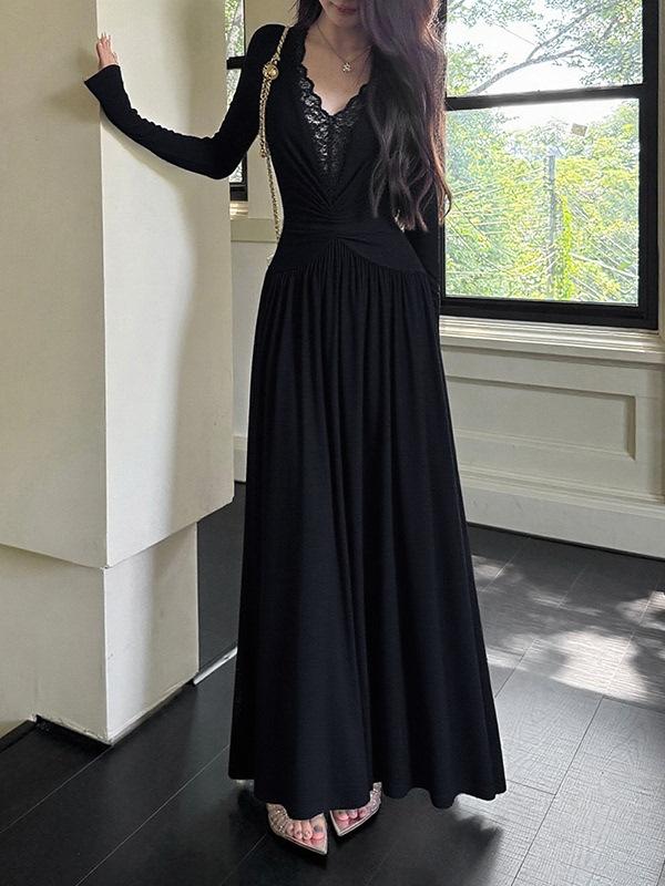 Lace splicing pure desire wind v-neck long-sleeved dress women s autumn slim-fitting waist skirt design sense big swing dress S чёрный