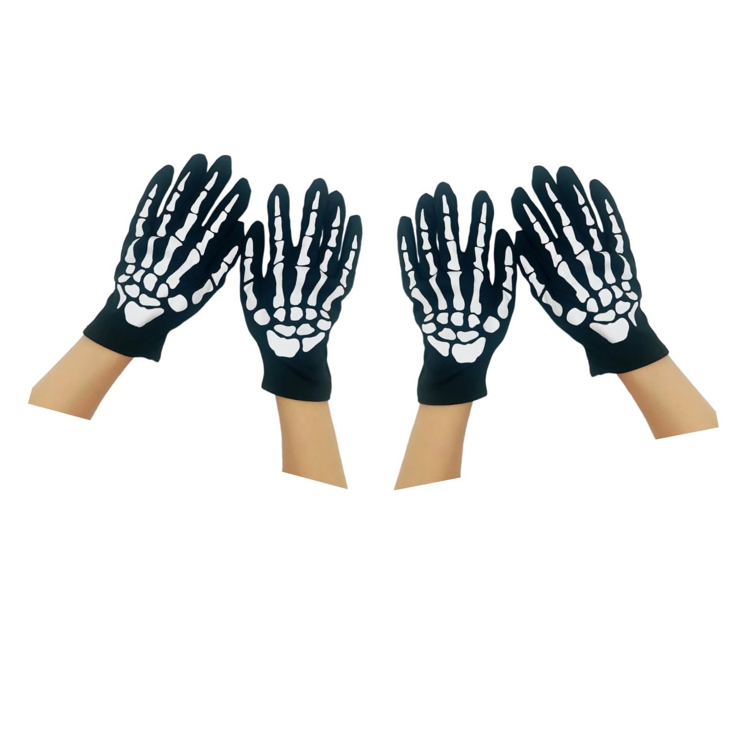 Хэллоуинские перчатки-скелеты (2 пары) - Страшные пятипалые перчатки из ткани с черепами и костями для костюмов демонов, вечеринок, мероприятий, школьных фестивалей и