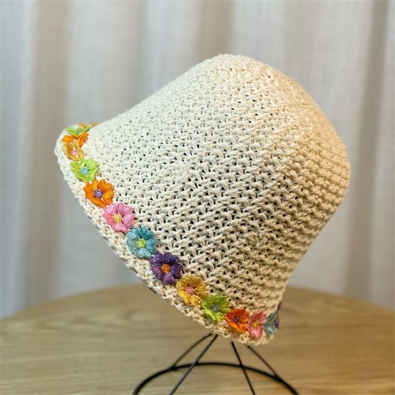 Crochet Bucket Hat with Flower Decals Summer Spring Bucket Hat Crochet Floppy Hat for Adult Teen Hat Knitted Sun Hat
