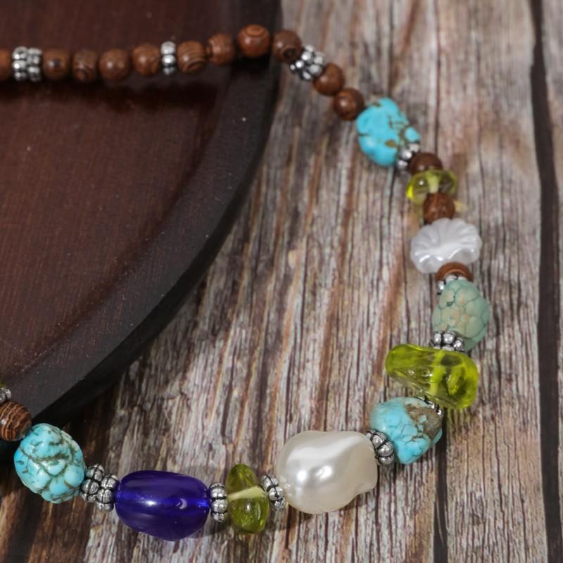BLINGBAY Kadın Boncuklu Kolye Bohem Retro Etnik Turkuaz El Yapımı Boncuklu Ahşap Boncuklar Düzensiz Kolye Kız Doğum Günü Hediyesi