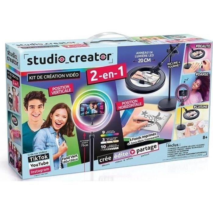 Studio Vidéo 2-en-1 avec anneau lumineux LED multicolore, support double fonction- Studio Creator - INF027 Canal Toys