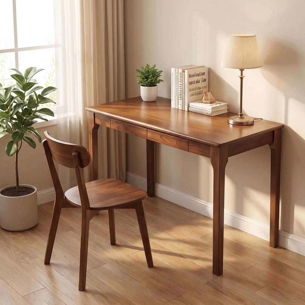 Scrivania in legno massello con cassetti, scrivania regolabile in altezza con bordi arrotondati, ideale per piccoli studi e camere da letto, in stile mid-century modern, noce
