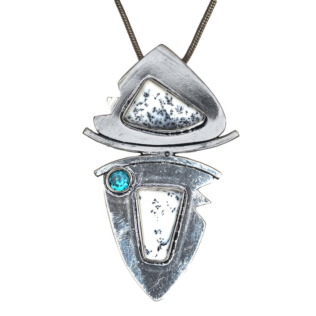 Dendritic Opal Sky Blue Topaz  Mother's Day Silver Jewelry Pendant  2.5"
