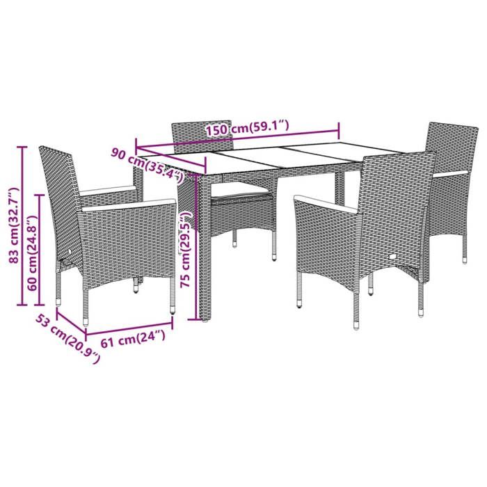 VidaXL Ensemble à manger de jardin et coussins 5 pcs noir rotin acacia, ensemble de salle à manger d'extérieur, meuble de 3278629
