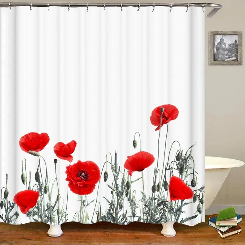 Czerwona róża Motyl Kwiaty Zasłona prysznicowa 3D Łazienka Zasłona Tkanina Wodoodporny Poliester Zmywalny Zestaw Zasłon Ekranowych do Kąpieli