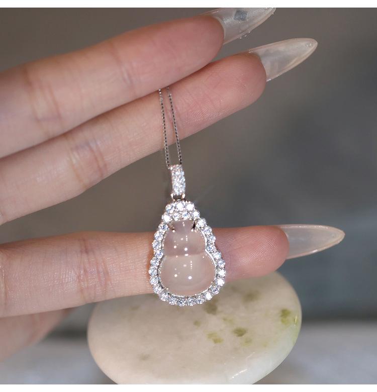 Yufulu Genuine S925 Sterling Silver Chalcedony Gourd Necklace with Clavicle Chain