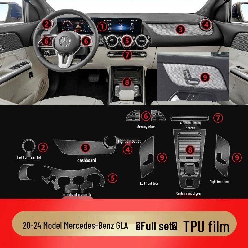 Compatible Interior Films for 25 Mercedes-Benz GLA/GLB Models: Navigation Screen, Gear Shift, and AC Stickers in HD TPU.